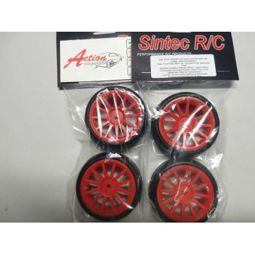 JOGO DE RODAS STOCK VERMELHO COM PNEUS SLICK PRO CUBO 12MM UNIVERSAL LARGURA 25MM PARA ON ROAD ESCALA 1/10 SINTEC S402